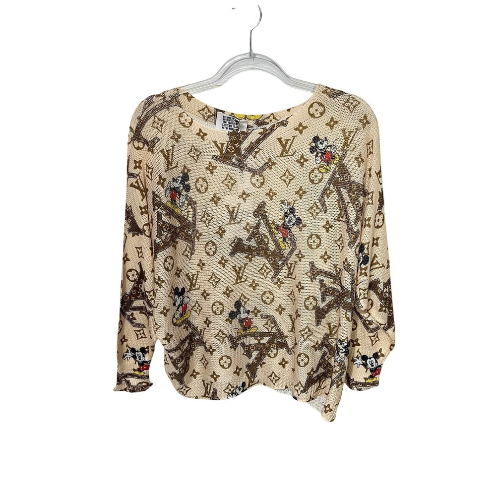 Free For Humanity Sweater Womens O/S Tan Mickey Mouse Monogram Knit Top